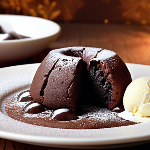 **

A decadent chocolate lava cake on a plate, with molten chocolate flowing out.  Icing sugar dusted on top, with a scoop of vanilla ice cream beside it.  Warm lighting, festive mood.

**