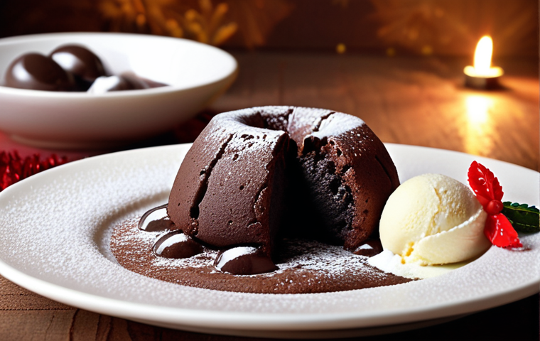**

A decadent chocolate lava cake on a plate, with molten chocolate flowing out.  Icing sugar dusted on top, with a scoop of vanilla ice cream beside it.  Warm lighting, festive mood.

**